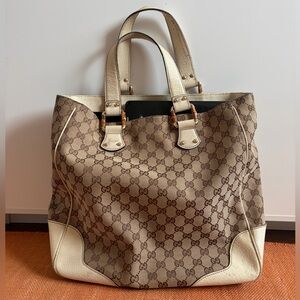 Authentic Vintage Gucci Brown Monogram Canvas Tote Bag with Cream Trim